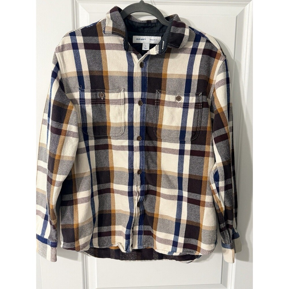 Old Navy Regular Fit Plaid Flannel Shirt | Large | Blue, White, & Brown